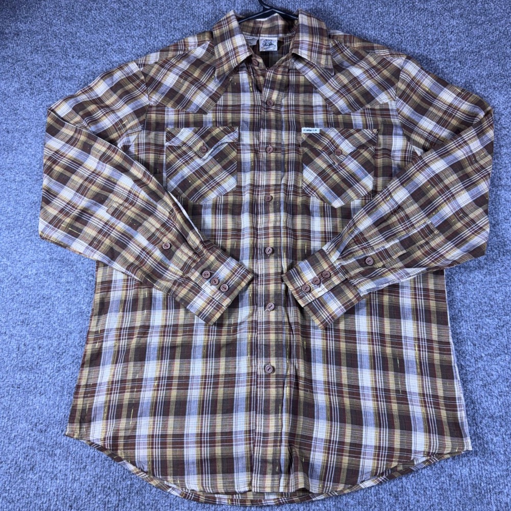 Vintage Kennington California Mens Brown Plaid Lurex Gold Thread Western Shirt L